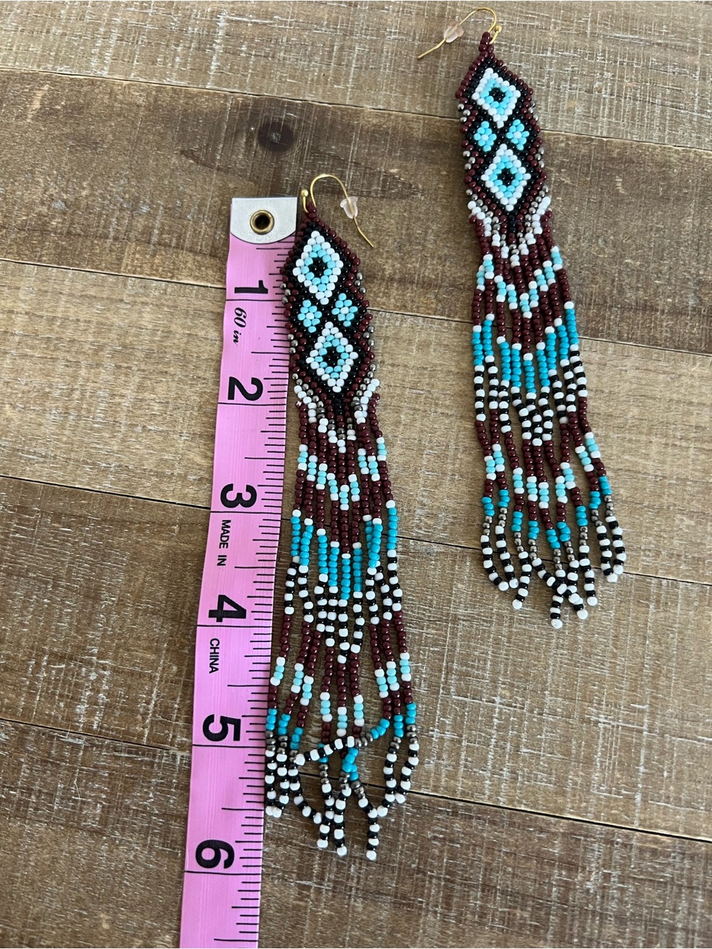 Western Beaded Long Earrings Brown Blue Beaded boho jewelry gift tassel New - Picture 4 of 7